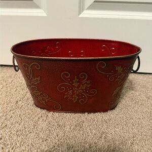 Elegant Red Decorative Metal Basket with Holly Design